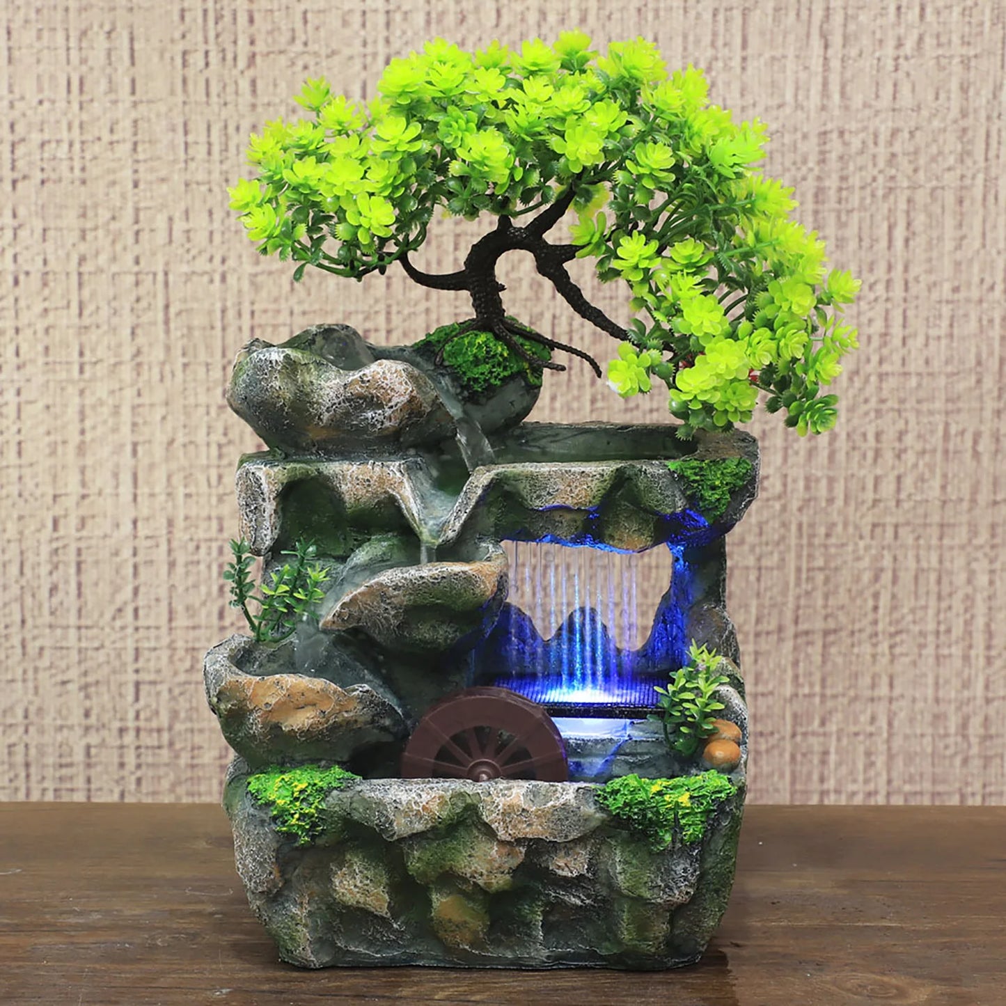Indoor LED Lights Resin Green Bonsai Tree Gray Rocky Mountain Landscape Brown Wheel Flowing Waterfall Fountains