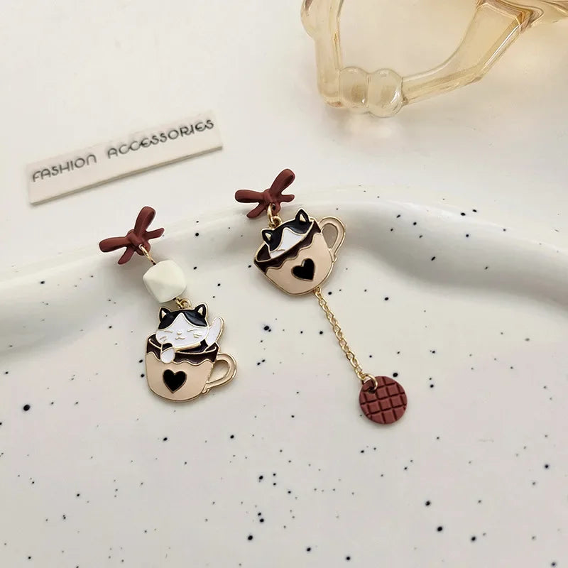 Women-Teen Girls Metal Long Tassel Asymmetrical Enamel Needle Cute Cartoon Cats Coffee-Teacup Dangle Drop Fine Imitation Earrings/Colors-Green/Multicolor/Geometric/Animals