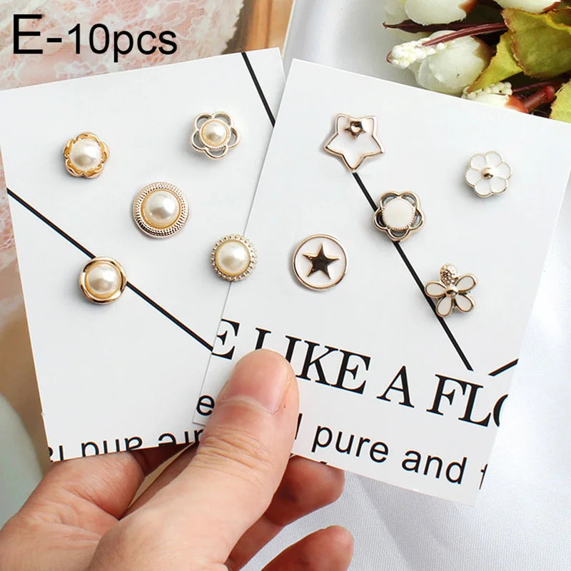 10pcs Button Brooch Set Imitation Pearl Rhinestones Pin Coat Clothes Accessories Gift Prevent Exposure Brooches for Women