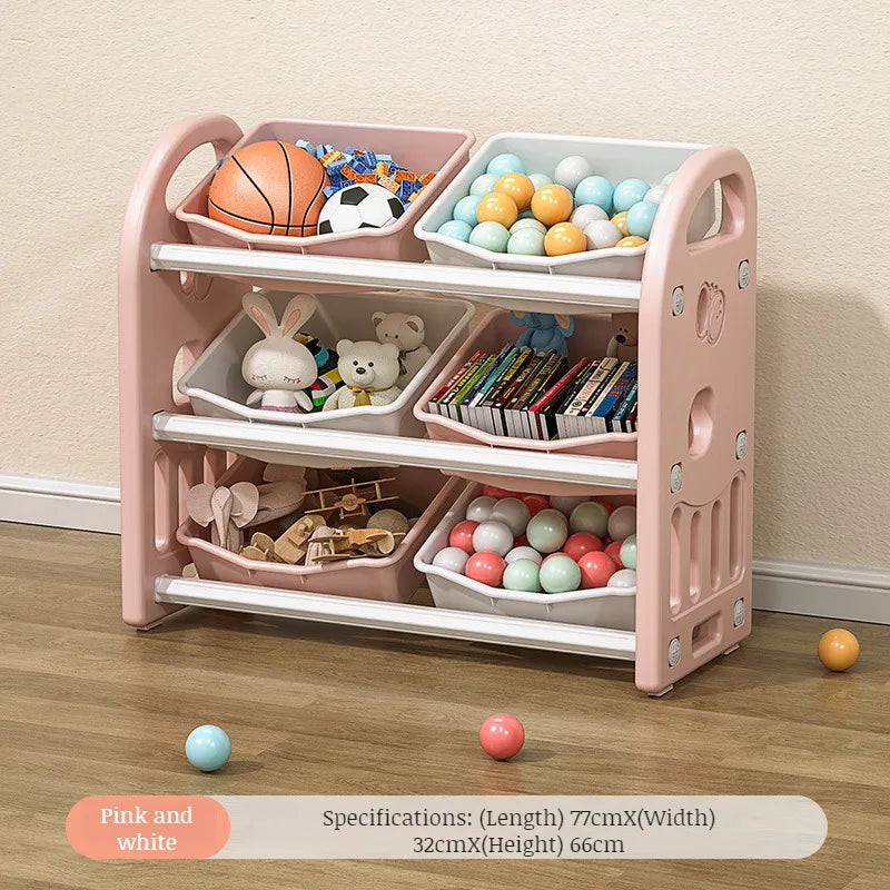 Babies-Toddlers Eco-Friendly 3-Tier Shelves Thick Plastic Toy Storage Cabinet/Ages: Over 6 Months Old/Colors-Gray/Pink/White/Black/Green/6-Plastic Storage Boxes Included