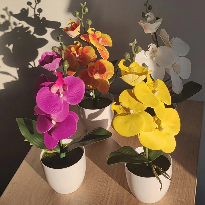 Indoor Desktop Floral Flowering Artificial Bonsai Butterfly Orchid Potted Plants /Colors-White/Yellow/Purple