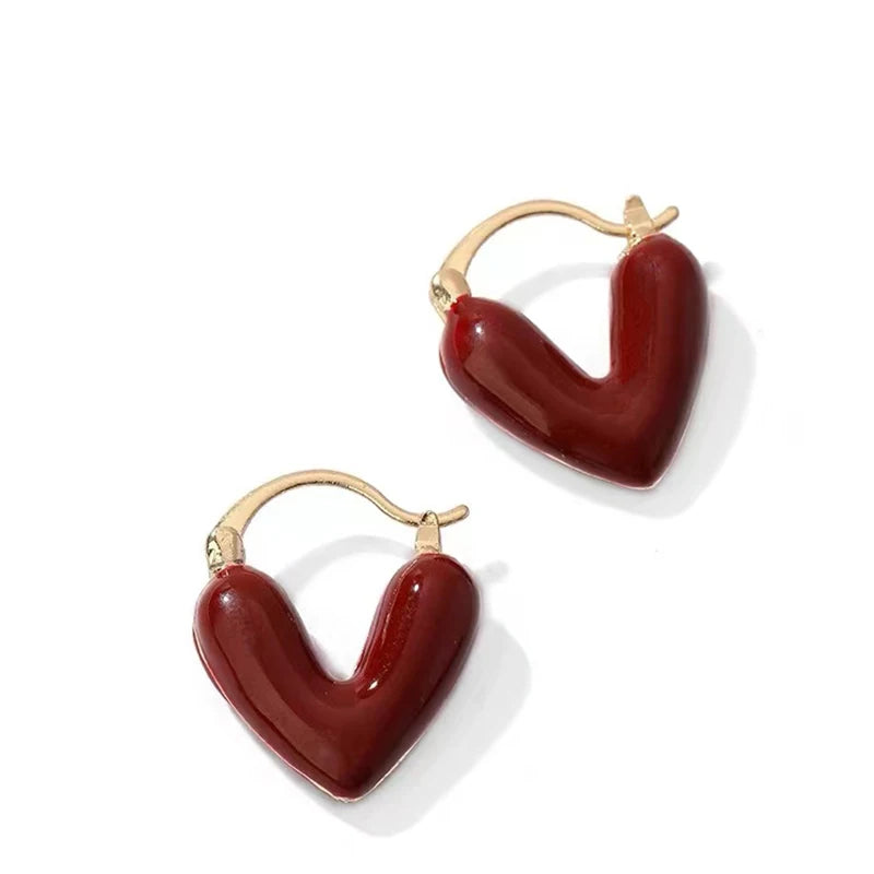 Women Imitation Red Wine Enamel Heart Shaped Tear Drop Gold Copper Earrings