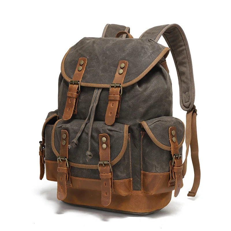 Unisex Military Hiking Interior Zipper Canvas Leather Polyester Over Flap-Belt Design Backpacks/Single Laptop Compartment/ Shoulder Strap/Handles/Interior Pockets-External Pockets/Colors-Green/Gray/Brown/Black/Animal