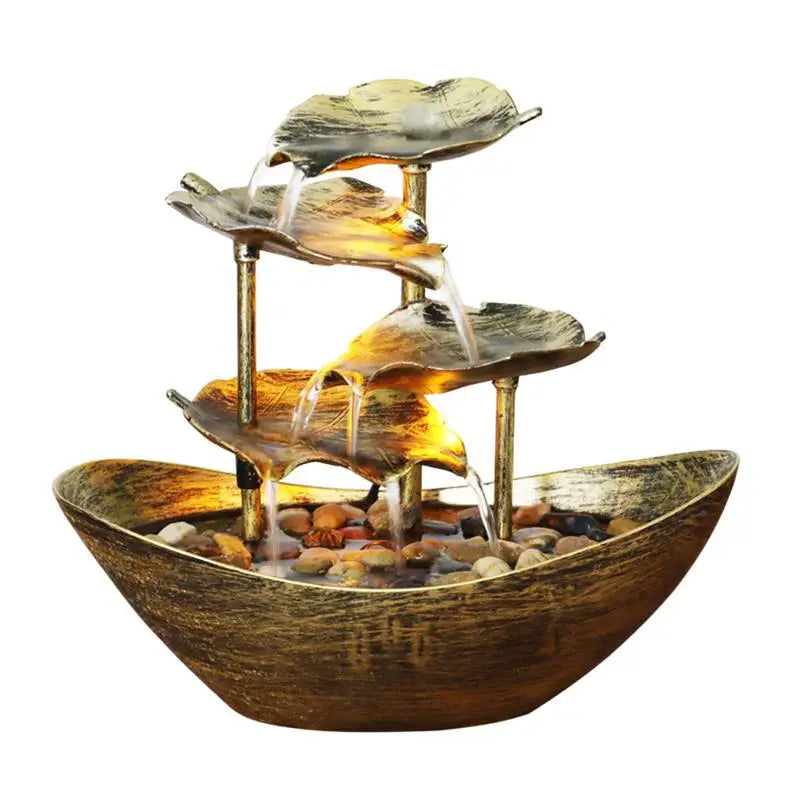 Modern Small LED Lights Metal Flowing 4-Tiers Realistic Lotus Leaf Ultra-Deep Boat Shape Open Basin Pebble Circulating Soothing Desktop Fountains/USB Power Cord/Colors-Bronze/Gold/Silver/Brown