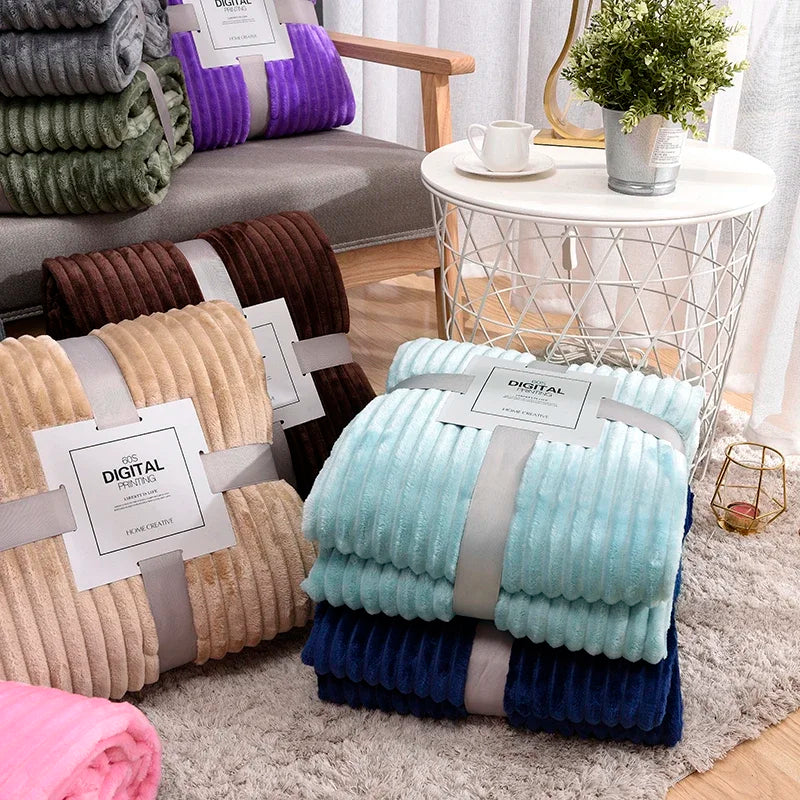 Solid Colored Striped Pattern Soft Warm Coral Fleece Polyester Flannel Blankets/Colors-Light Gray/Dark Gray/Dark Blue/Sky Blue/ Purple/ Yellow/Coffee/Pink/Khaki/Ivory/Machine Washable