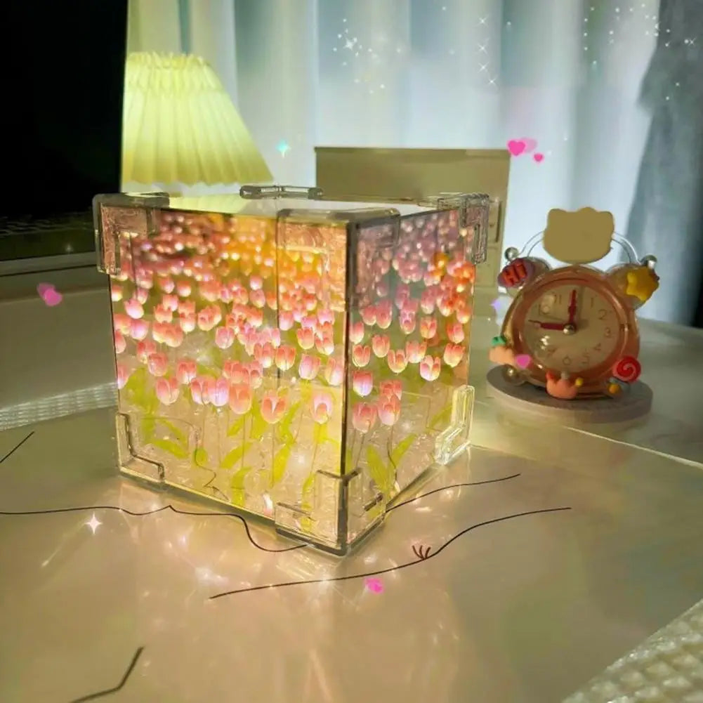 Eye-Catching LED Square Handmade Champagne Plastic Frame Tulip Infinity Battery Powered Night Lights/ Button Battery(Battery Included)/Colors-Multicolor/Floral