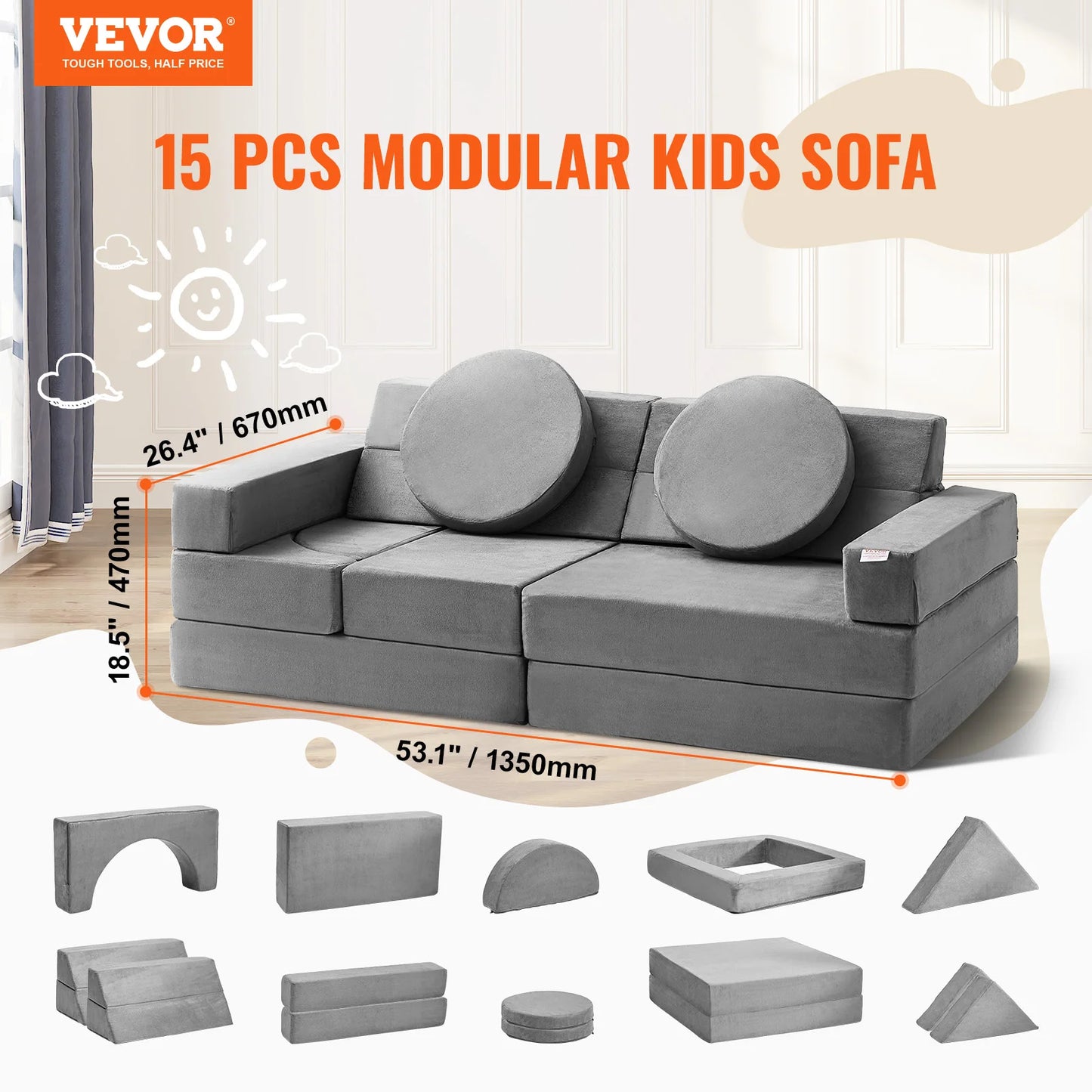 10 PCS VEVOR Kids Gray Geometric Shape High-density 25D Sponge Play Couch/Ages: 18 Months-Older/15 Shape Components