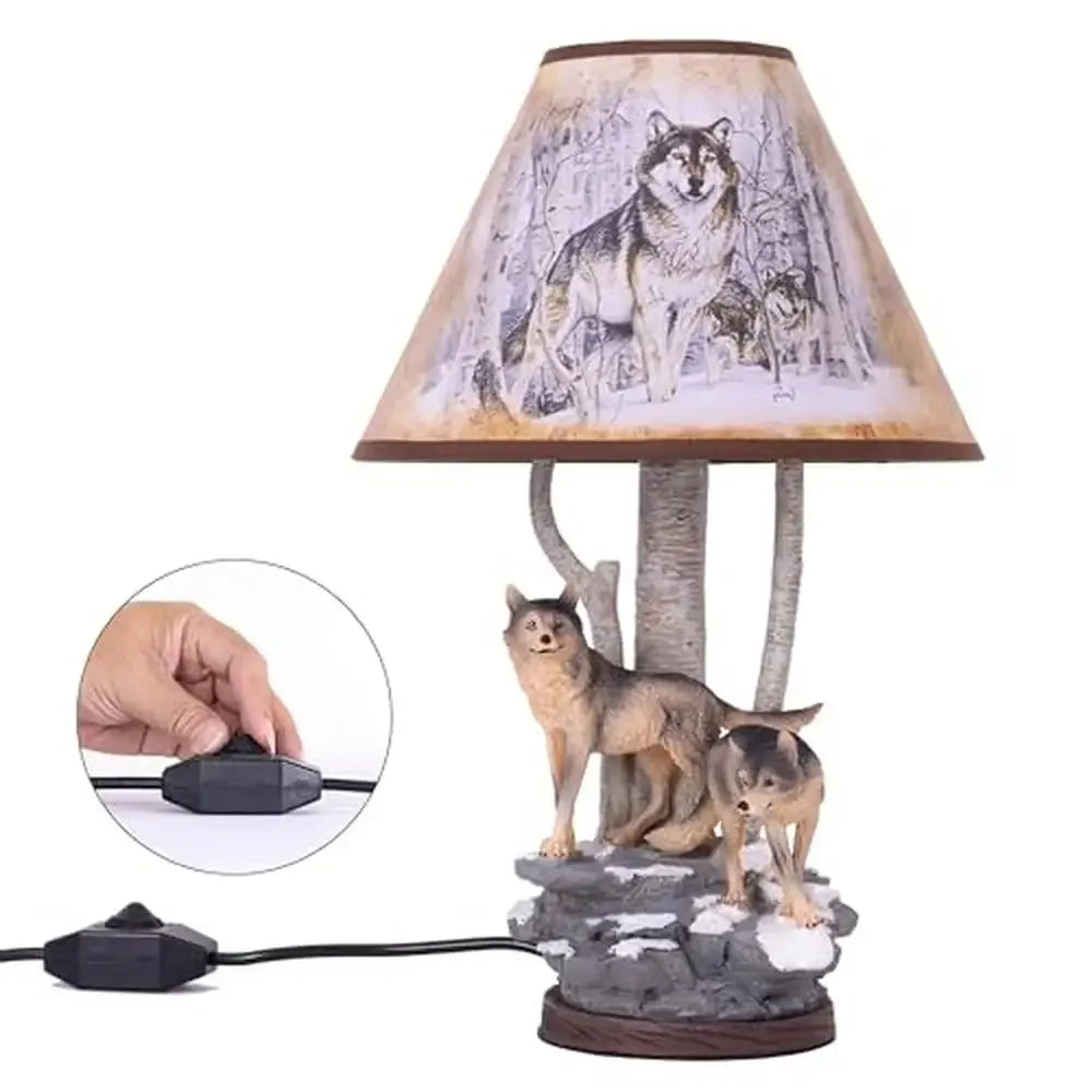 LED Light Rustic Brown Linen Shade Resin Wolves In The Wild Sculpture Wood Table Base Desk Lamps