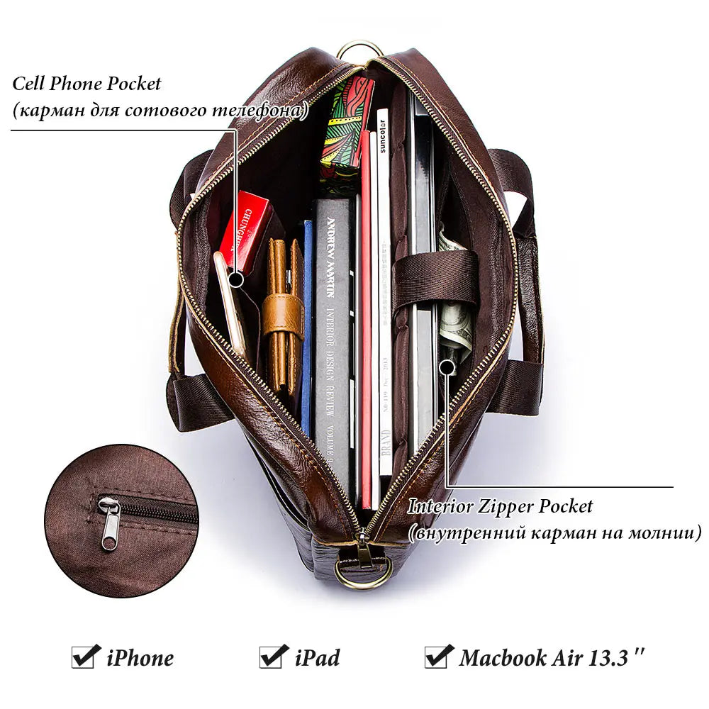 Men Cow Leather Briefcase Zipper Polyester Bags/Shoulder Straps-Handles/Laptop Compartment/Pockets/ Fits 13 Inch MacBook Air Laptop/Colors-Black/Brown