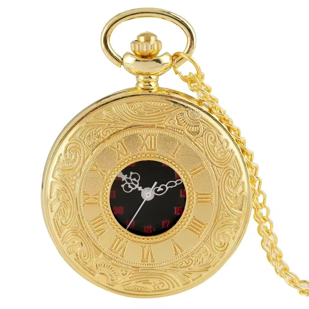 No-EN-Name-Null Adult Men Vintage Quartz Movement Black Round Shaped Glass Face Steampunk Black Roman Numerals Pendant Chain-Pocket Watches /Colors-Black/Gold/Brown/Silver