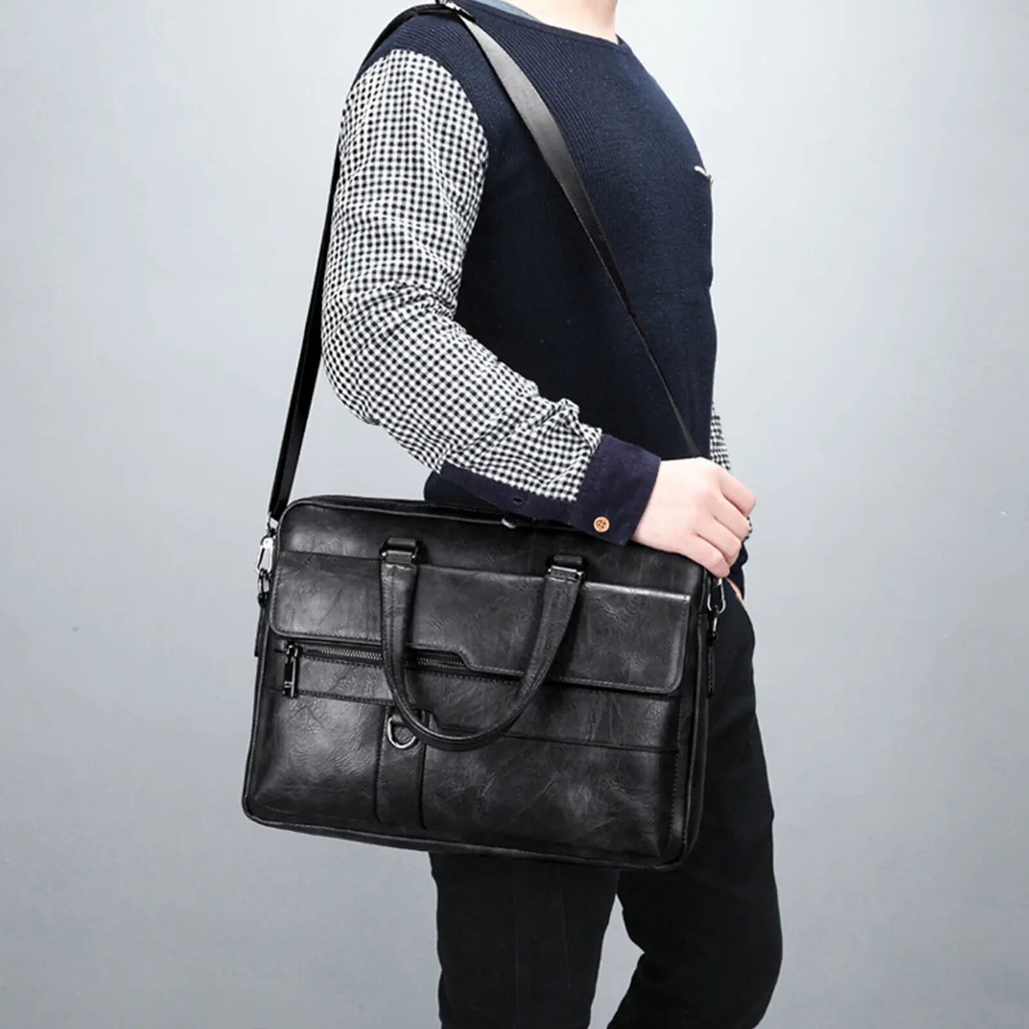 Men Waterproof Split Leather Zipper Briefcase Polyester Bags/Handles/ Shoulder Straps/Fits 14 Inch Laptop/Adjustable-Removable Strap/Single-Laptop Compartments/External Pockets/Colors-Black/Brown