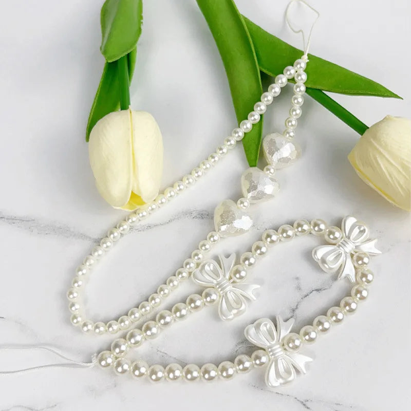 Women Korean Cute Beaded Faux Pearl Charm Strong Nylon Rope Hanging Wrist Strap Phone Accessories/Colors-Black/White/Clear