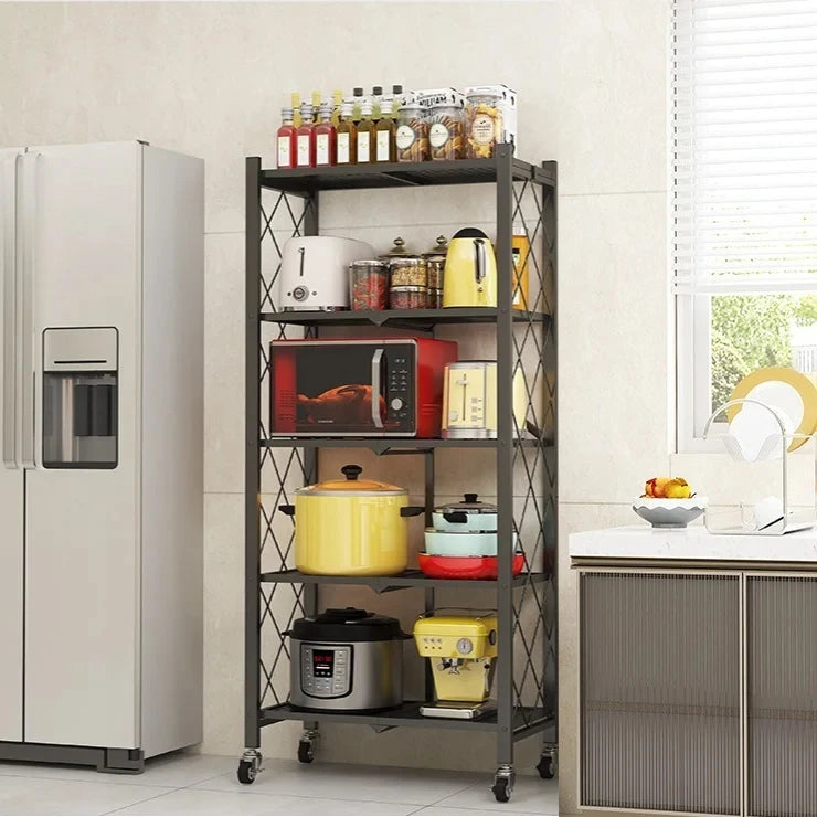 Free-Standing Large Kitchen/Living Room Foldable Iron Frame Folding Rack Bookcases/Colors-Green/Black/White/ 2-3-4-5 Layers Shelves