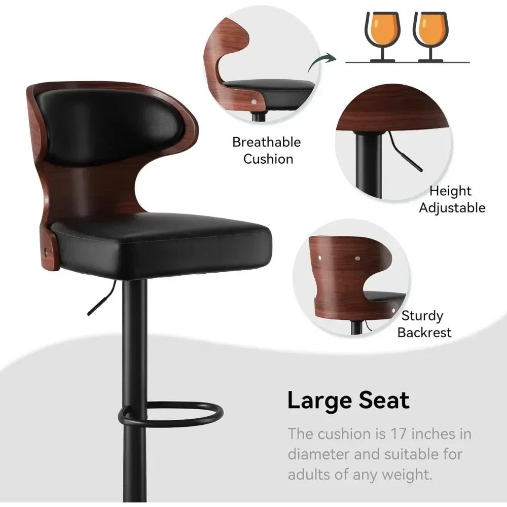 2 pcs L-Shaped Adjustable Height Solid Wood Low Backrest Bentwood Swivel Waterproof Leather Upholstered Cushion Barstools/Black Metal Frame Base /Footrest/Colors-Black/Blue/Green/Brown