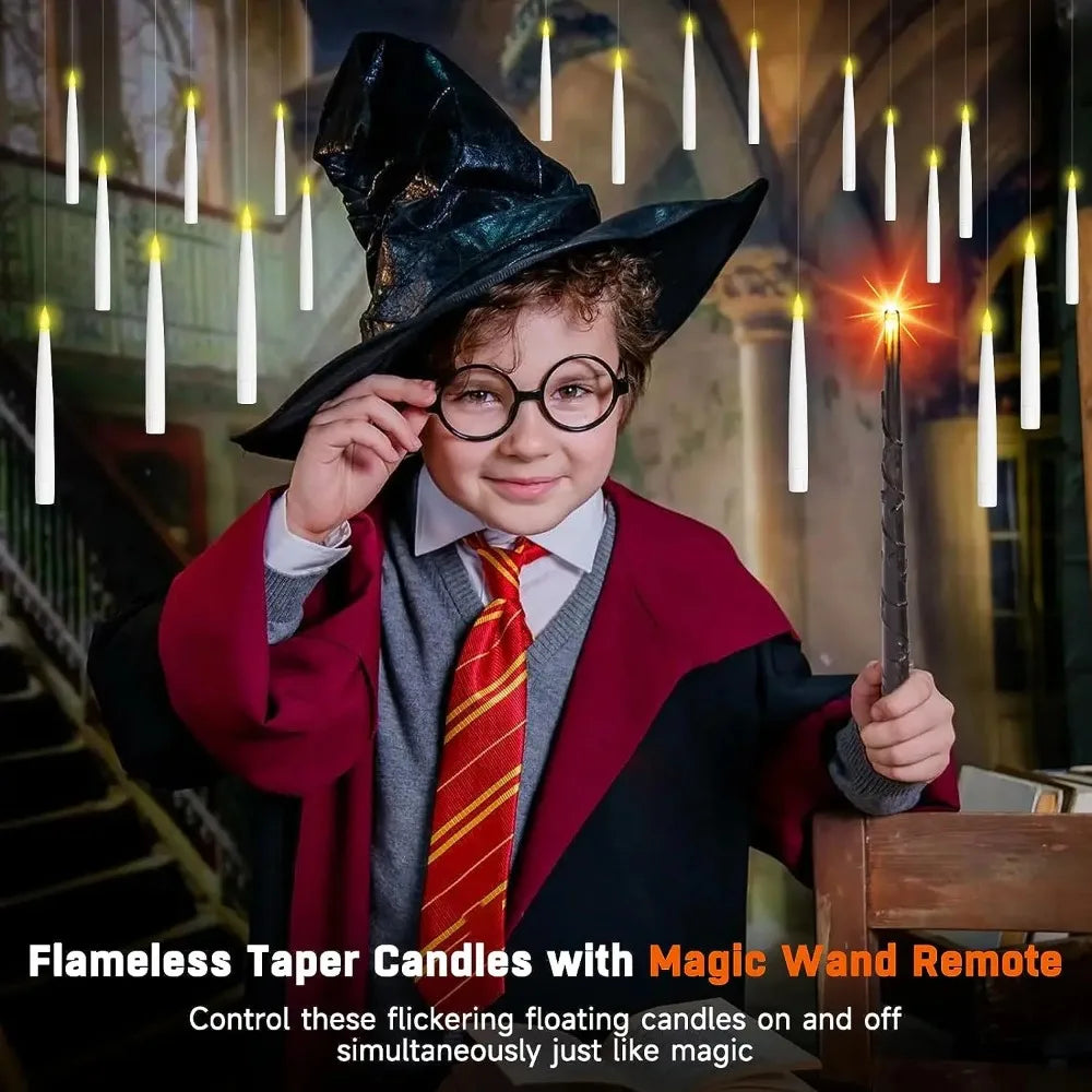 10-12 PCS Plastic LED White Cylindrical Magic Wand Remote Control Floating Flameless Candles/20m Fishing Line/10-12 Hooks/1 AA batteries (not included)/1 AAA battery (not included)