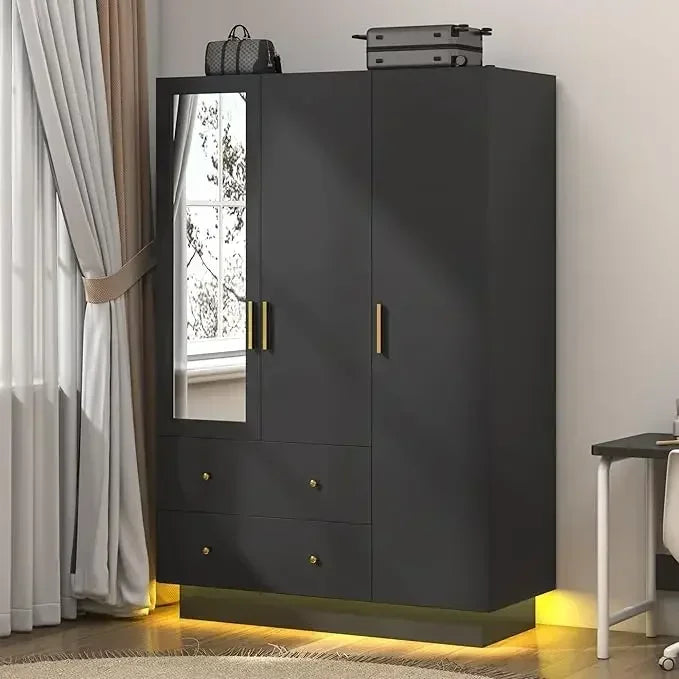 4 Door Armoire Mirrored Wardrobe Closet w/ 2-Way Remote Control LED Lighted Armoire/ 2 Drawers/Colors-White/Purple/Black/Dimensions: 19.7"D x 47.2"W x 70.1"H