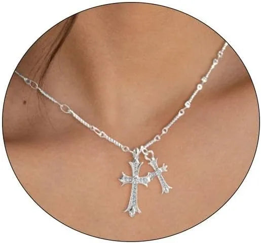 No-EN-Name-Null Women Fine Imitation 18K Gold-Plated Brass Metal Clear White Shiny Diamond-Like Stones Two Cross Pendants Chain Lobster Clasp Necklaces