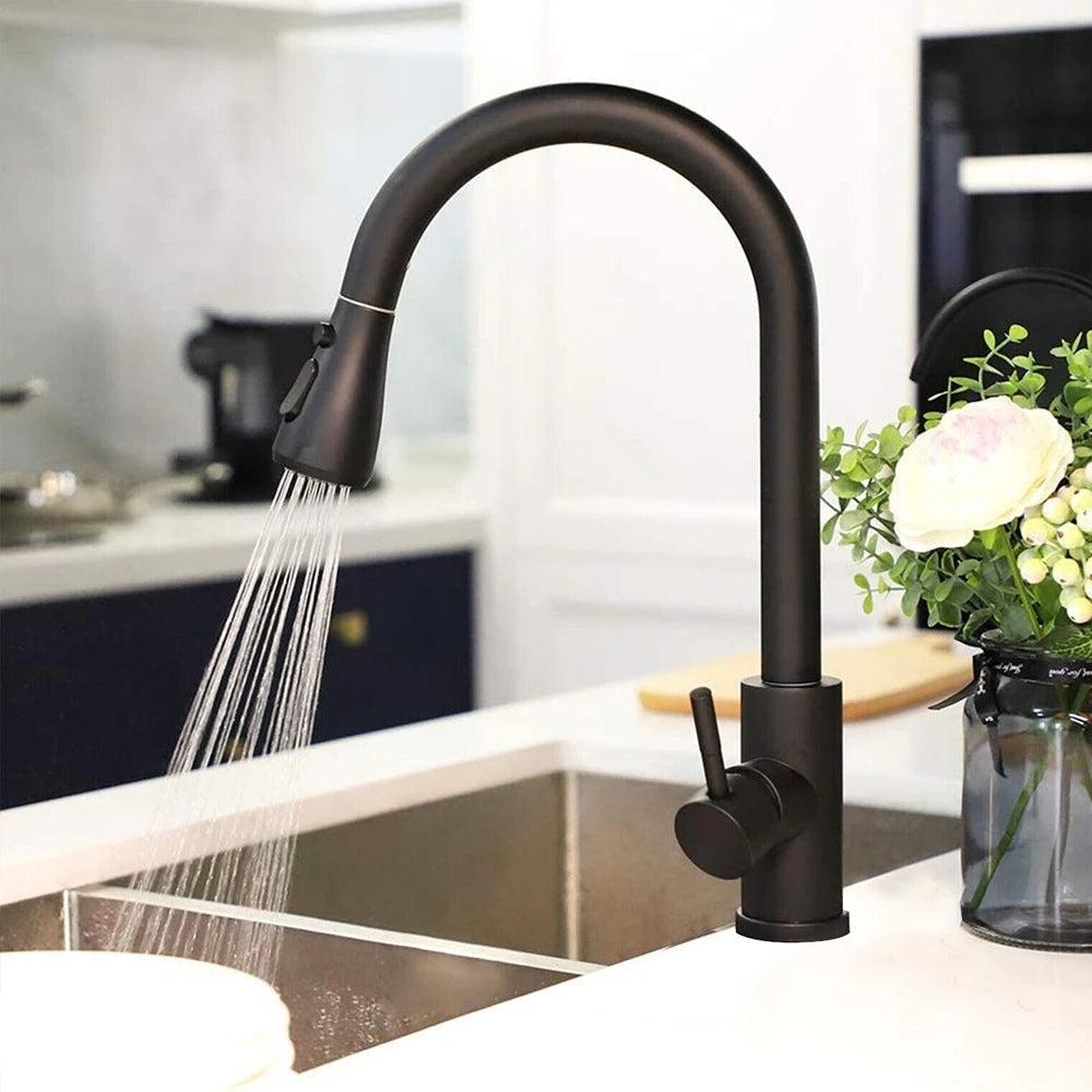 Kitchen Black-Silver Color Deck Mounted Brass Body Plastic Pull Out Single Sprayer Polished Chrome Faucets