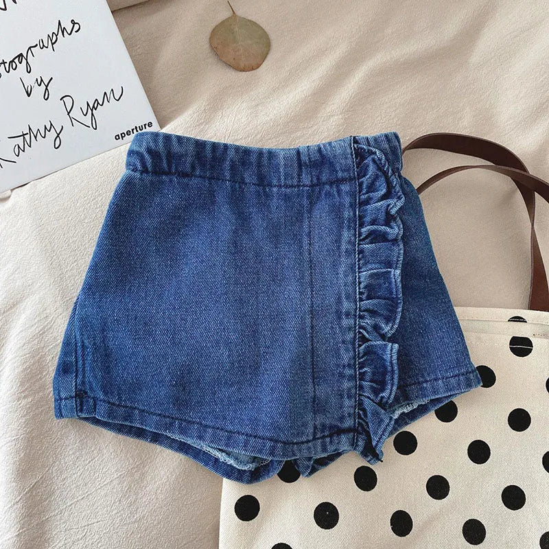 UIVSOUN Newborn Babies Girls-Toddlers Summer Breathable Easy-Snaps Triple Breasted Closure O-Neck Collar Cotton White Lace Sleeveless Shirts-Blue Denim Brace Skirt Sets/Ages: Newborn- 6 Years Old