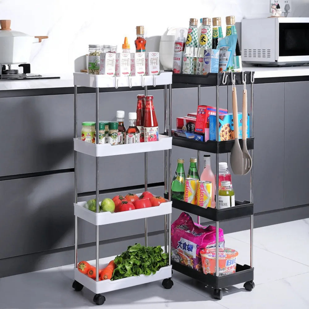 Kitchen Black-White 3-4 Tiers Shelves Non-Folding Slim Storage Plastic Carts/360 Rotation-4 Plastic Wheels/Colors/White, Black