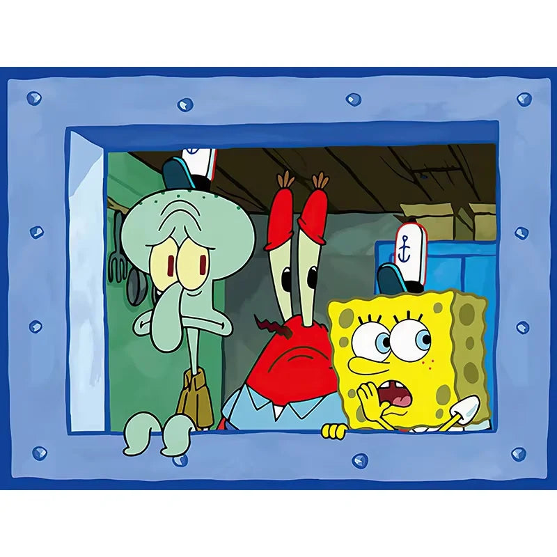 Kids Small Rectangle Polyester Realistic Blue Metal Framed Window Cute Cartoon SpongeBob-Patrick-Star-Mr. Krabs Cloth Tapestries/Ages: 14-18 + Years