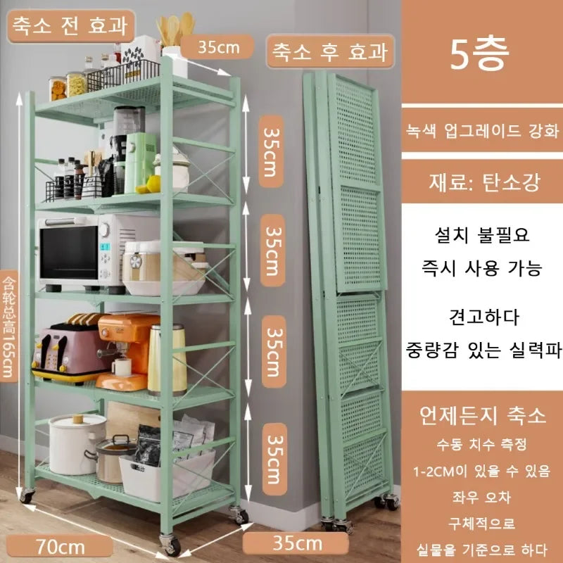 Free-Standing Large Kitchen/Living Room Foldable Iron Frame Folding Rack Bookcases/Colors-Green/Black/White/ 2-3-4-5 Layers Shelves
