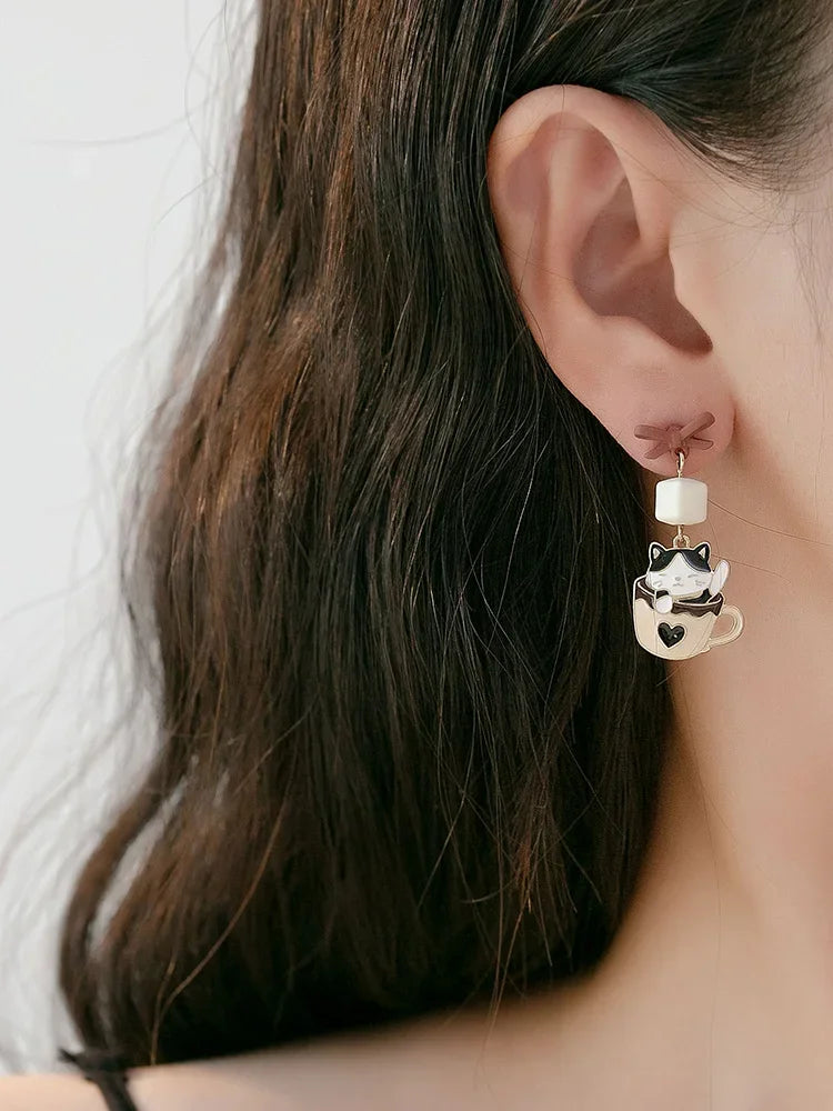 Women-Teen Girls Metal Long Tassel Asymmetrical Enamel Needle Cute Cartoon Cats Coffee-Teacup Dangle Drop Fine Imitation Earrings/Colors-Green/Multicolor/Geometric/Animals