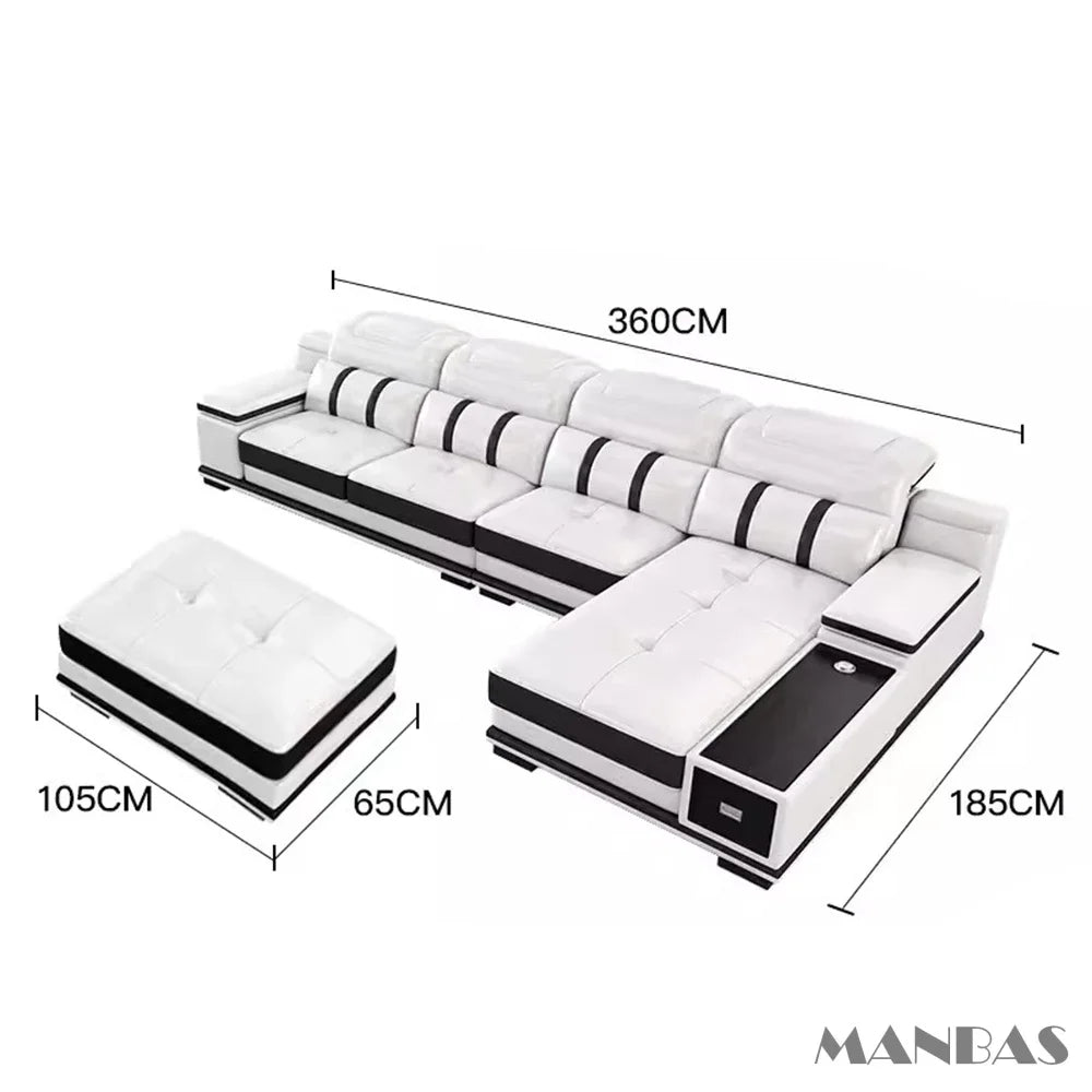 MANBAS Modern Adjustable Headrest L-Shaped White-Black Trim Italian Soft Genuine Leather Cushion Corner Couches/ Bluetooth Speaker/ USB Port/Cup Holder