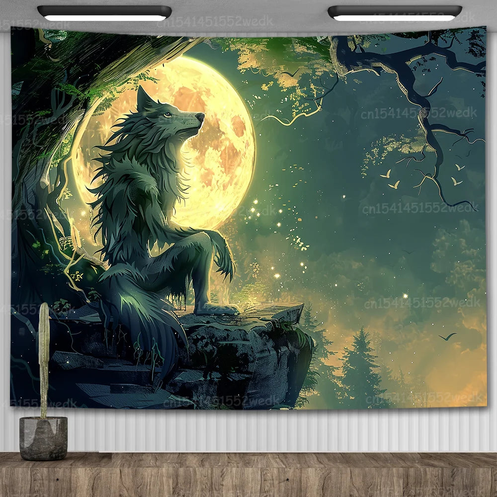 Emo White Wolf Sitting Meme Tapestry Werewolf Tapestries For Bedroom Printed Home Decoration Paintings Room Wall Hanging Posters