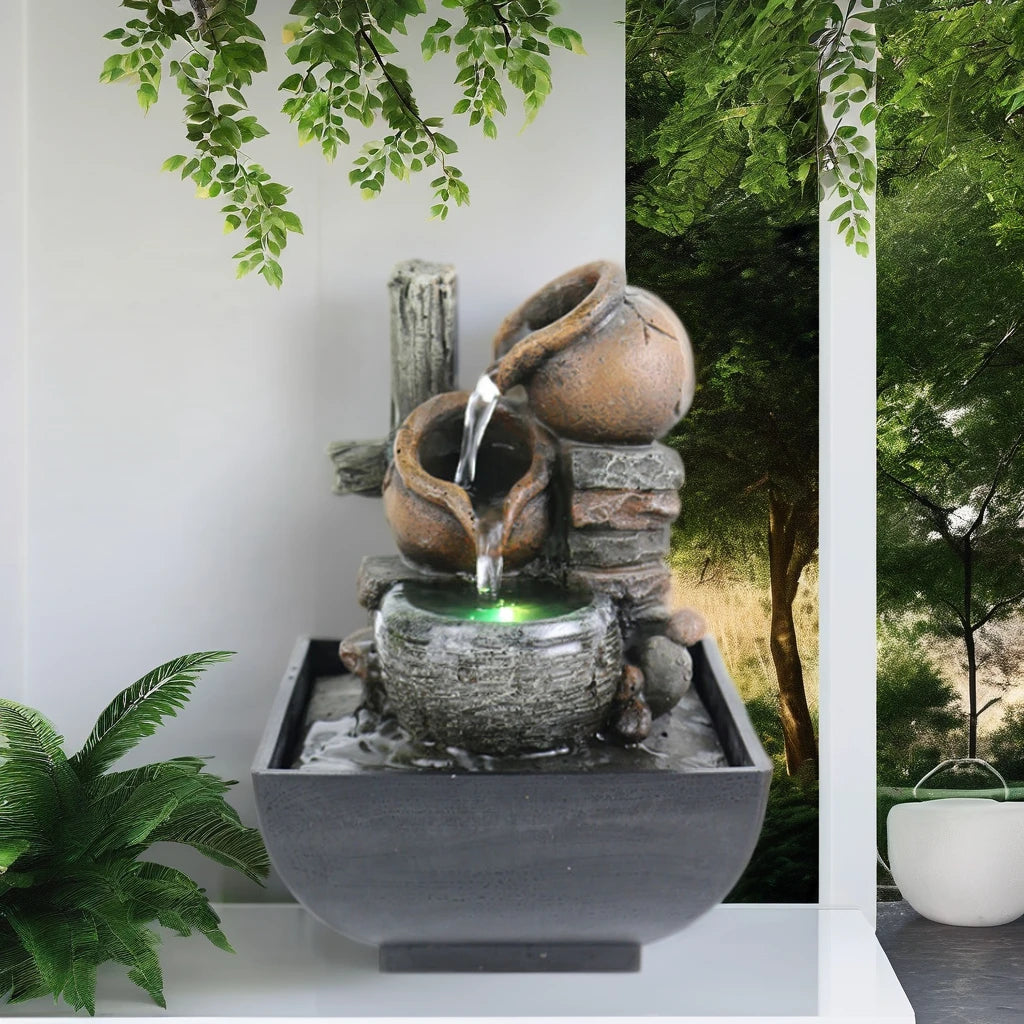 3 Tier Indoor LED Lights Resin Brown-Gray Clay Pots Flowing Water Rocks Black Square Bowl Tabletop Fountains/Colors-Multicolor/ 1-Water Pump Plug