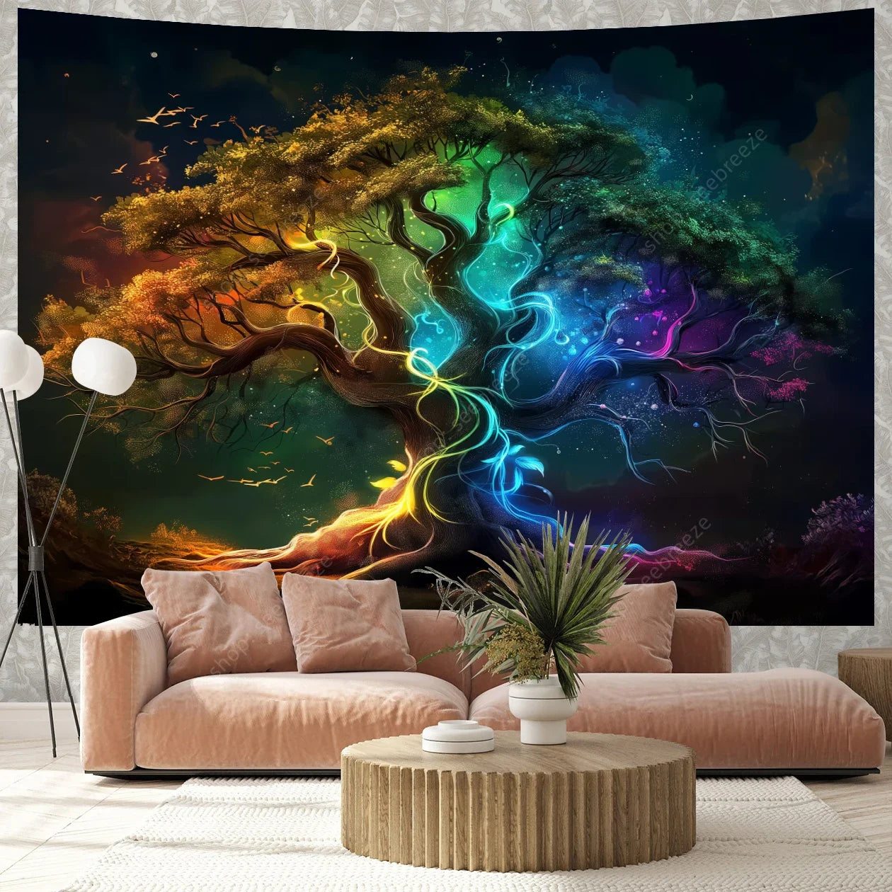Colorful Green Forest Red Mushrooms Water Flowing Printed Polyester Woven Garden Of Eden Nature Tree Of Life Wall Hanging Tapestries