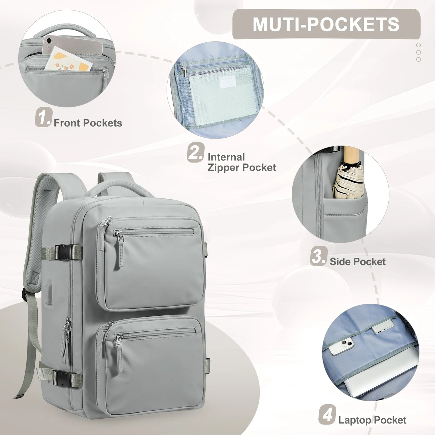 Waterproof Large Travel Nylon Backpack Bags/Detachable Handles-Straps/Multi-Pockets/USB Charger Port/Power Bank-Cable/Laptop Pocket/Colors-Green/Black/Gray/Anti-Theft Pocket
