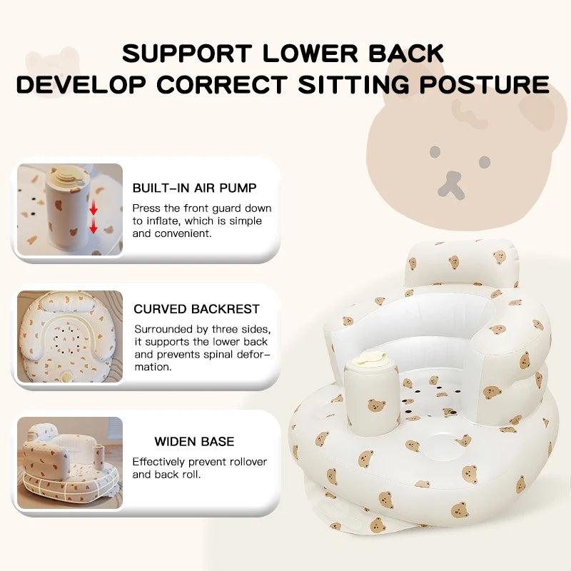 Babies PVC Cartoon Olive Flower-Bear Head Animal Print Soft Front Gear Surround Large Arc Backrest Breathable Sunk Base Built-In Air Pump Inflatable Chairs/Ages: 6 Months-3 Years Old/Colors-Floral/Animal/Dots/Multicolor