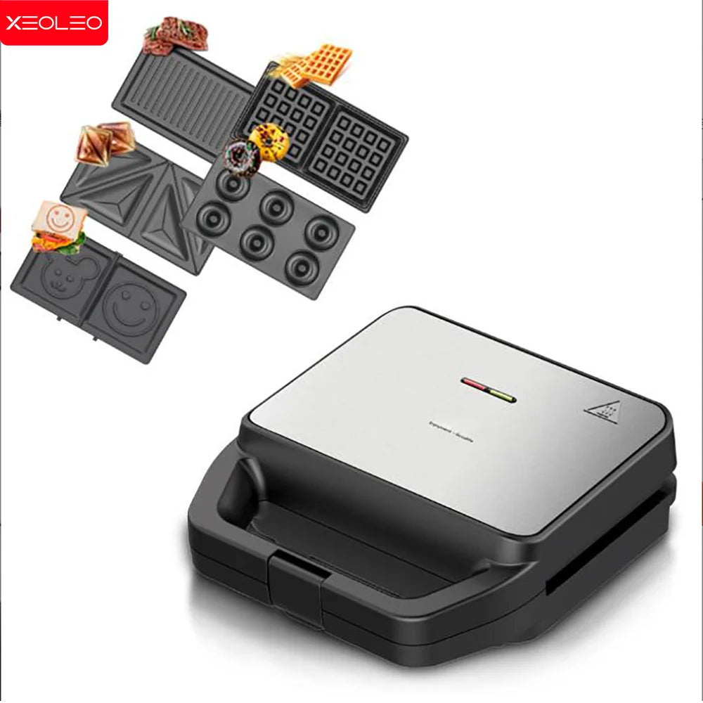 XEOLEO Black Non-Stick 5 in 1 Electric Waffles Iron Makers/5 Non-Stick Plates Included