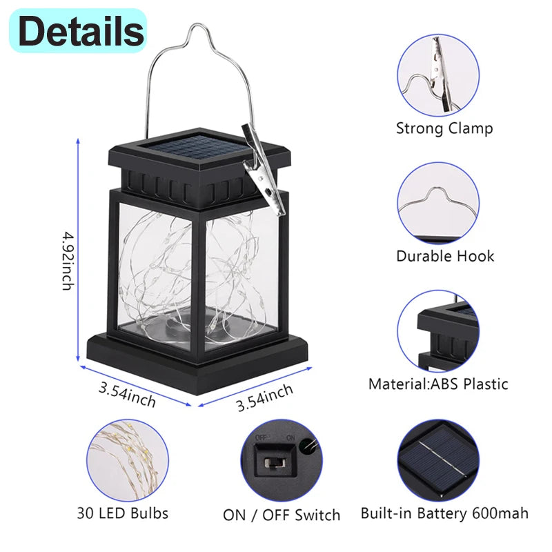 Outdoor SOLAR Warm Black Waterproof Plastic Square LED Lamp Beads Low Power Built-In Energy Storage Palace Lantern Lights/ 1 Handle/ 1 Clip