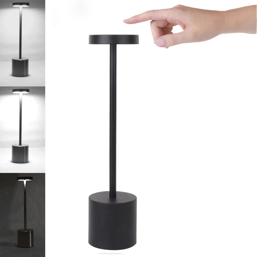 Modern Metal Slim Round Tubular Neck Black-Gold-Sliver Touch Control Battery Powered Three-Color Levels Dimming Desk Lamps/ USB Rechargeable /USB Charging Cord-Included