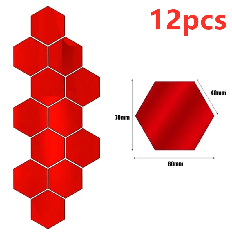 12/24Pcs 3D Hexagon Self Adhesive Removable Acrylic Wall Mirror Stickers/Colors-Silver/Red/Blue
