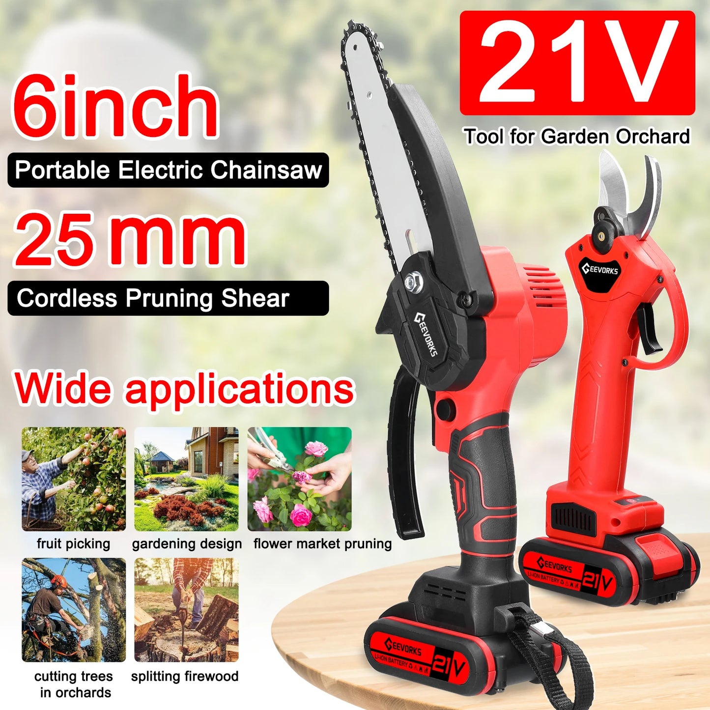 KKMOON Outdoor Plastic Red-Black-Gray Body 6 Inch Chain Wheel Guide Plate Child-Safety Lock Handheld 21V Cordless Lithium Battery-Powered Rechargeable Metal Electric Pruning Chainsaws/2 Lithium Batteries Included