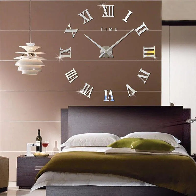 European Large Round DIY EVA Self-Adhesive Single Face Metal 3D Acrylic Mirror Digital Roman Numeral Quartz Wall Clocks/Colors-Geometric/Black/Silver/Gold