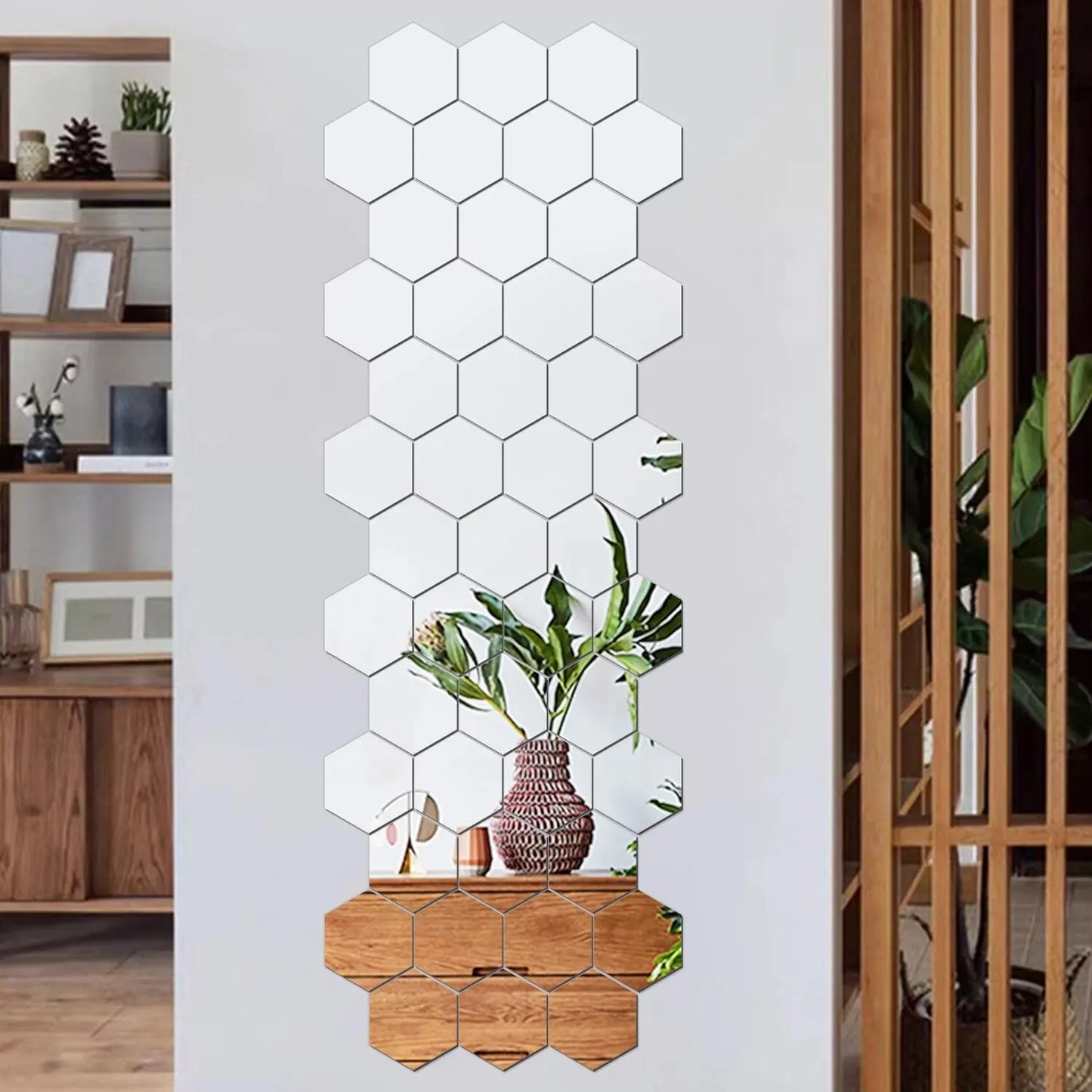 12PCS/Geometric Solid Hexagonal Mirror Wall Stickers w/ Built-in Adhesive/Removable/Colors-White/Gold/Pink/Green/Yellow