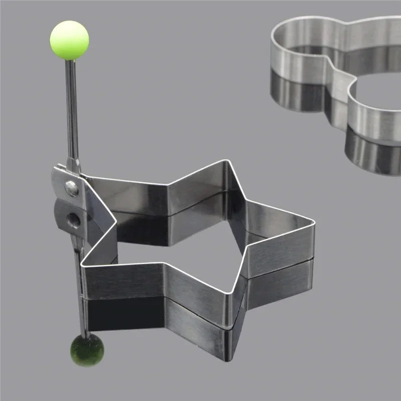 Kitchen 5 PCS Set Silver Stainless Steel Round-Heart-Flower-Five-Pointed Star-Mouse Shaped Egg Mold Inward Handle Round Light Green Ball Rings