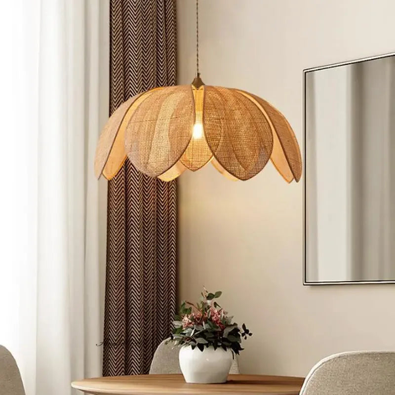 Beige Handmade Gloss Hanging Chinese Natural Rattan Lotus Petal Cord Pendant Ceiling Lights Fixtures/Bulb Not Included-E27 Bulb Cap Type