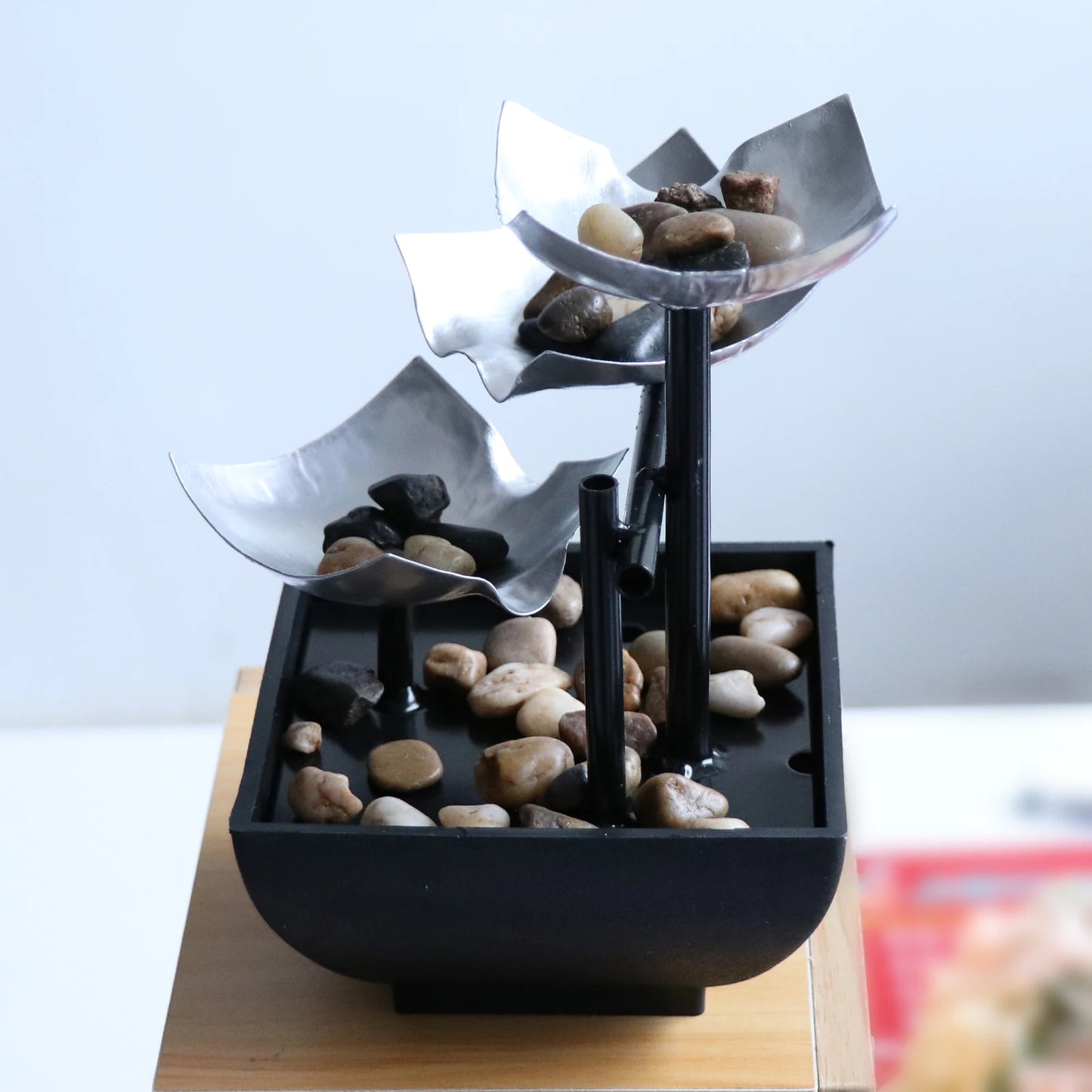 Indoor Small 3-Tiers Metal Silver Squares Pebbles Flowing Water Iron Black Bowl Desktop Fountains