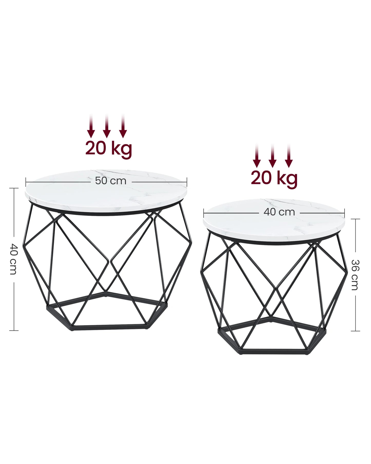 VASAGLE 2 PCS Modern Round Shaped White Marble Top Black Veins Black Steel Frame Coffee Tables Sets /Big Table: 50cm D x 40cm H/Small Table: 40cm D x 36cm H/Weight: 20kg