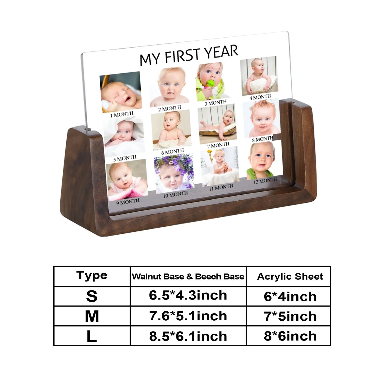 Rectangle Beech-Walnut Wood Trim Acrylic Plate Personalized My First Year Picture Frames/Sizes: S-6 x4 inch-M-7 x 5 inch-L-8 x 6 inch /Colors-Brown/Beige