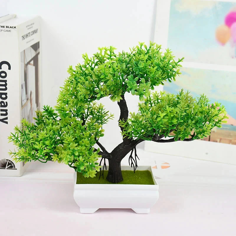 Artificial Small Bonsai Plastic Non-Flowering Plant-Rectangle Flower Pot/Colors-Floral/Green/Black/Pink