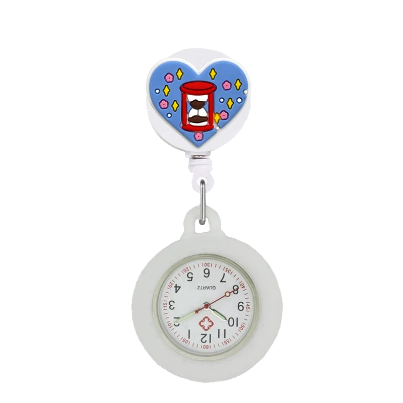 YIJIA Adults Universal Waterproof Metal Quartz Glass Face Analog Display Arabic Numeral Cartoon Cute Heart Nurse-Doctor Clip-On Hanging Lapel Silicone Cover Fob Pocket Watch/Colors-Light Blue/Yellow/Light Pink/White/Neon Pink