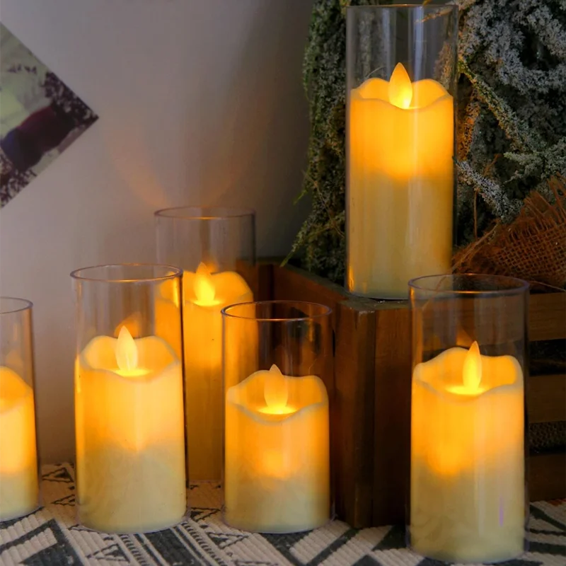 6 PCS Set LED Round Cup-Shaped Plastic Acrylic Glass Electronic Realistic Flickering Flameless Small Tealight Candles/Batteries Included/ 3 Extra-AG13 Batteries/Colors-White/Clear/Yellow