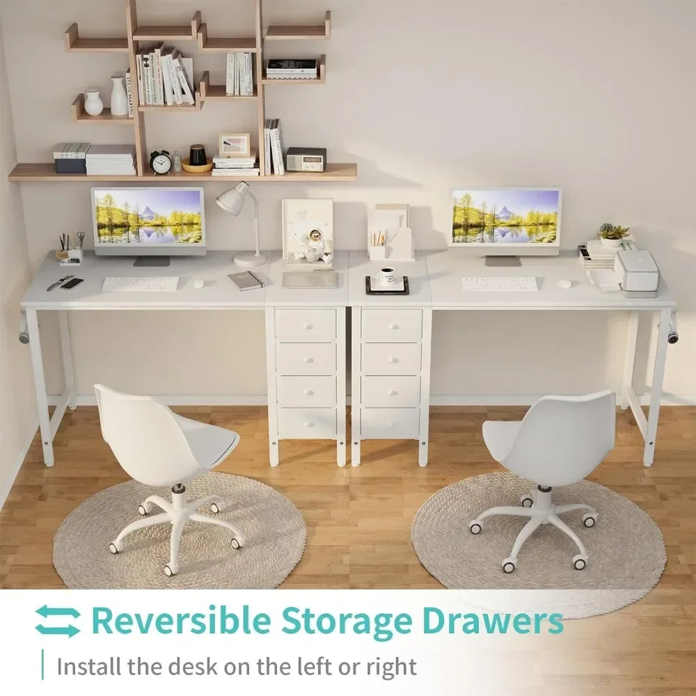 White Modern 2 Iron Side Hooks Free Standing Metal Base Computer Desks-4 Drawers/Dimensions-19.5"D x 47.2"W x 29.5"H