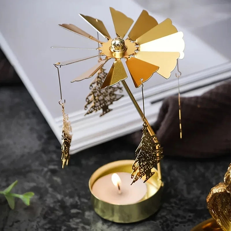 Gold Metal Rotating Fairies Flying Around Small Tealight Round Base Candleholders/No Candle/